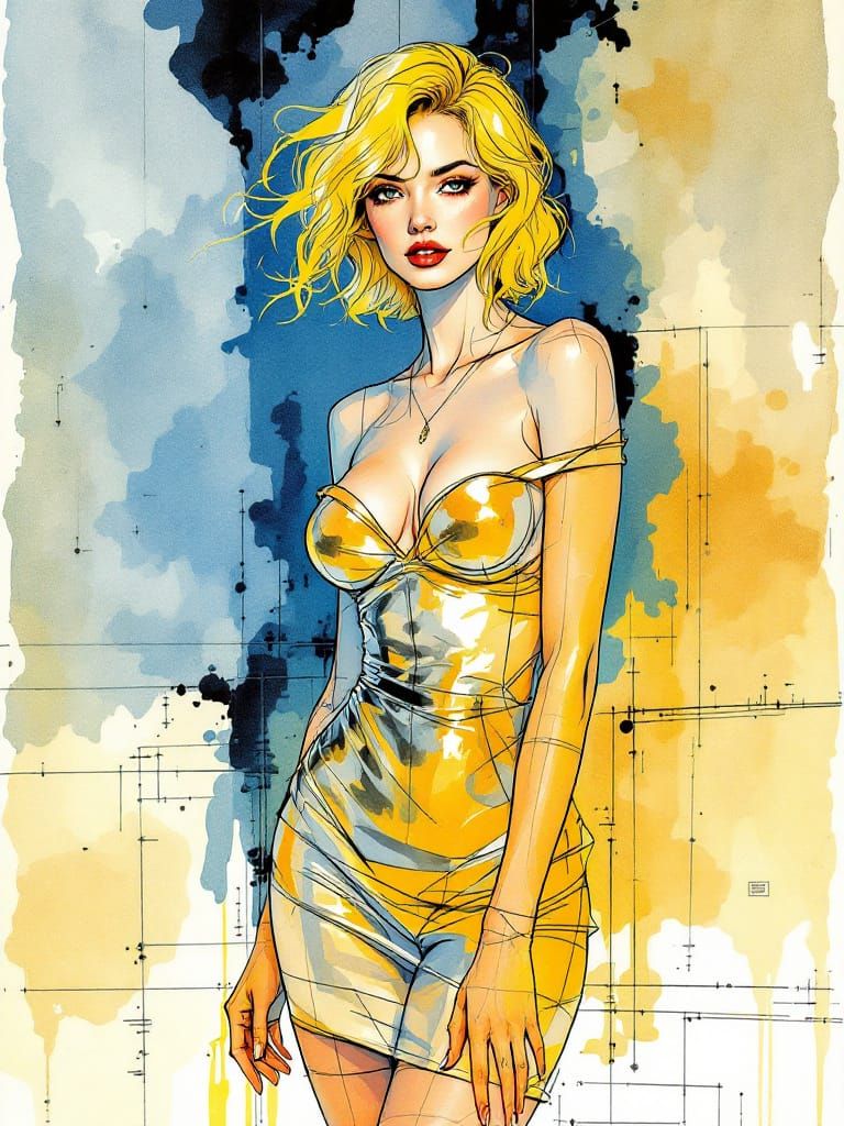 2030s Pin-Up Woman in Gold Dress, Moebius & Pratt Style