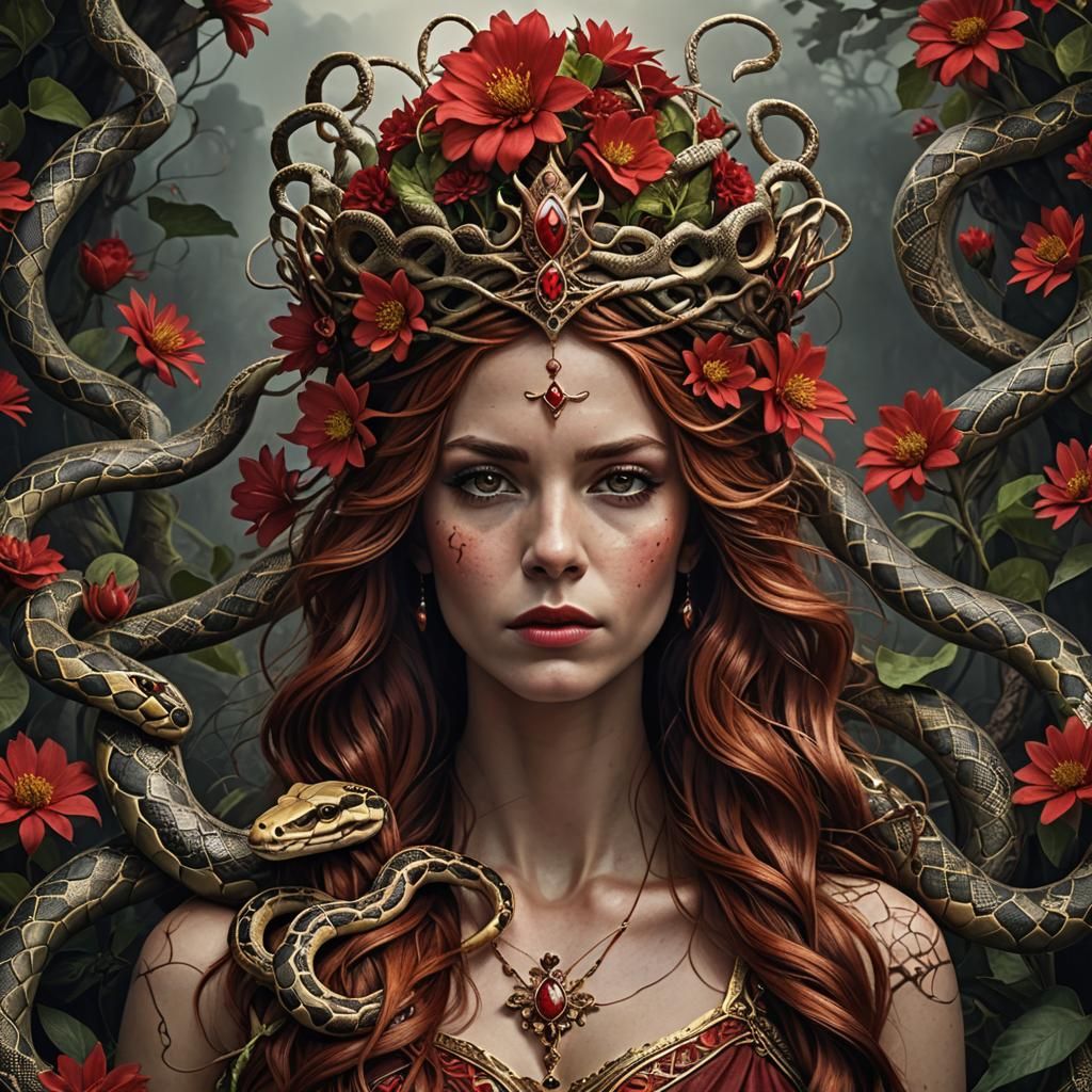 Woman with Snake Crown: Hyperrealistic 64MP Image