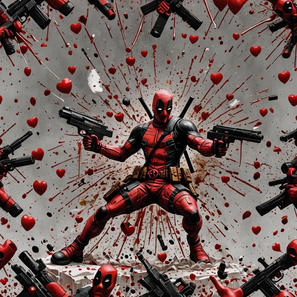 Deadpool Surrounded by Hearts and Illusions