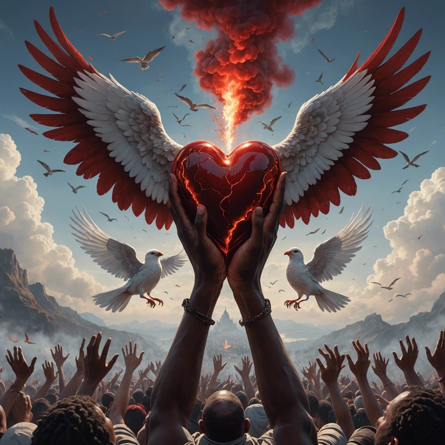 Hands Holding Heart to Heaven, Dark Fantasy Art