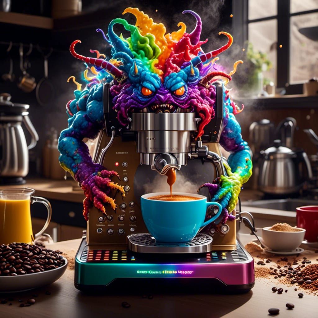 Colorful Coffee Monster in Kitchen Scene