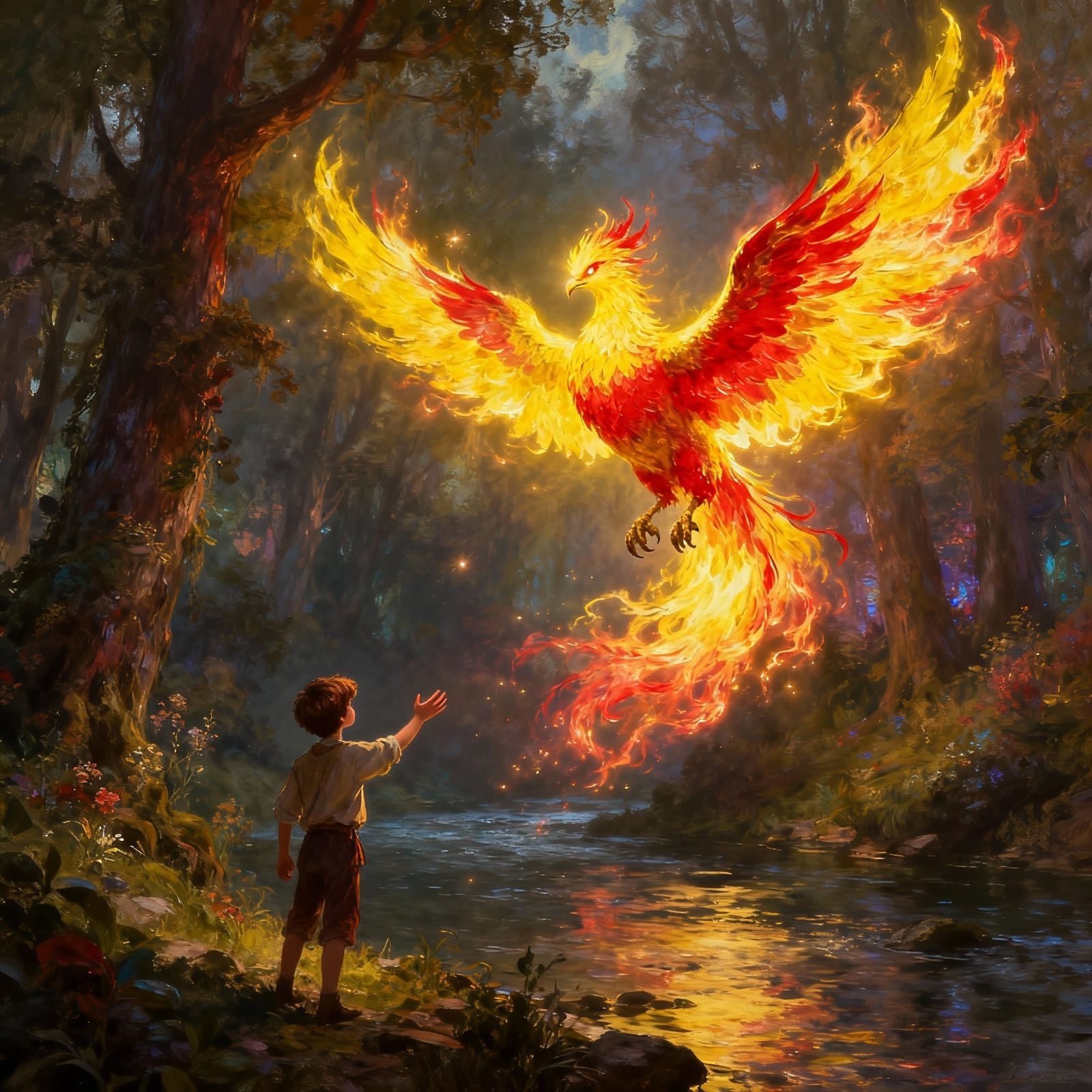 Phoenix Descends to Boy in Fiery Enchanted Forest