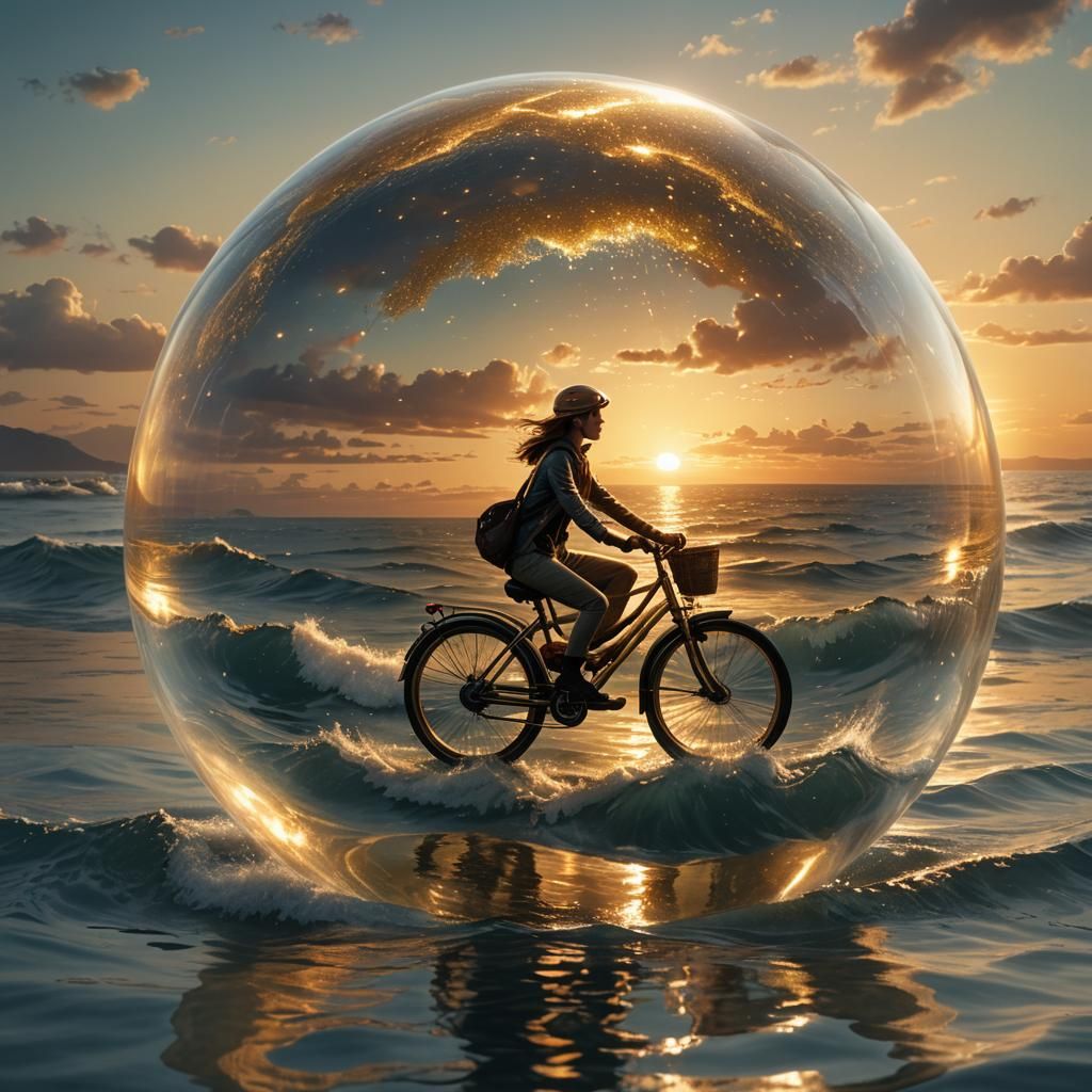Woman on Glass Orb Bike at Sunset