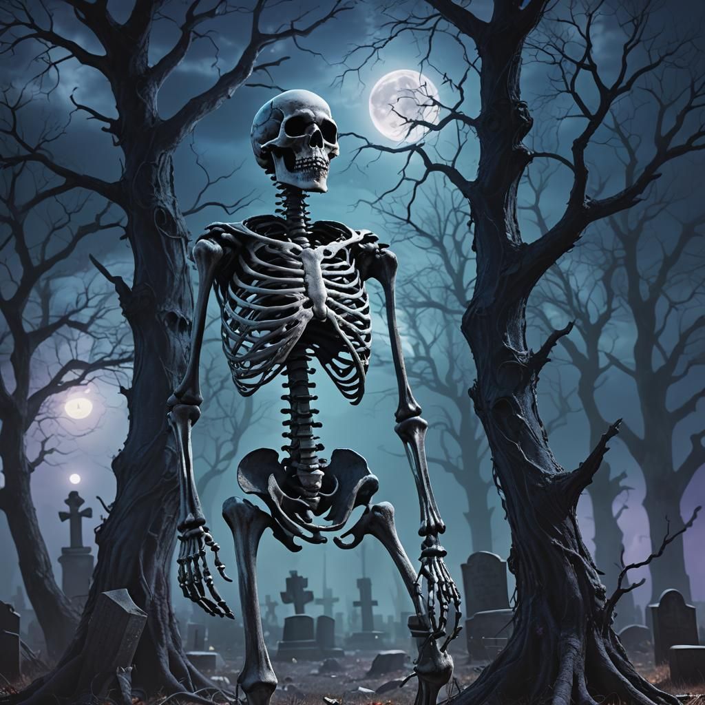 Spooky Scary Skeleton in Haunted Graveyard