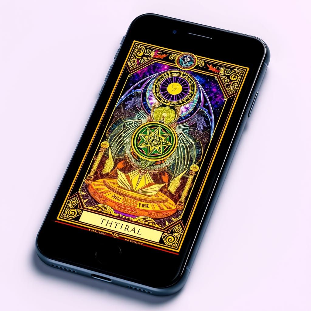 Mystical Tarot Card on Smartphone Screen, Digital Art