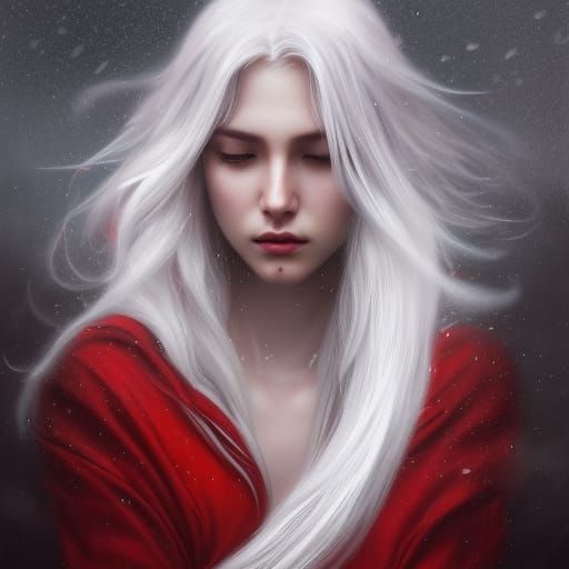 Ethereal Wolf Spirit Girl in Red Flower Field