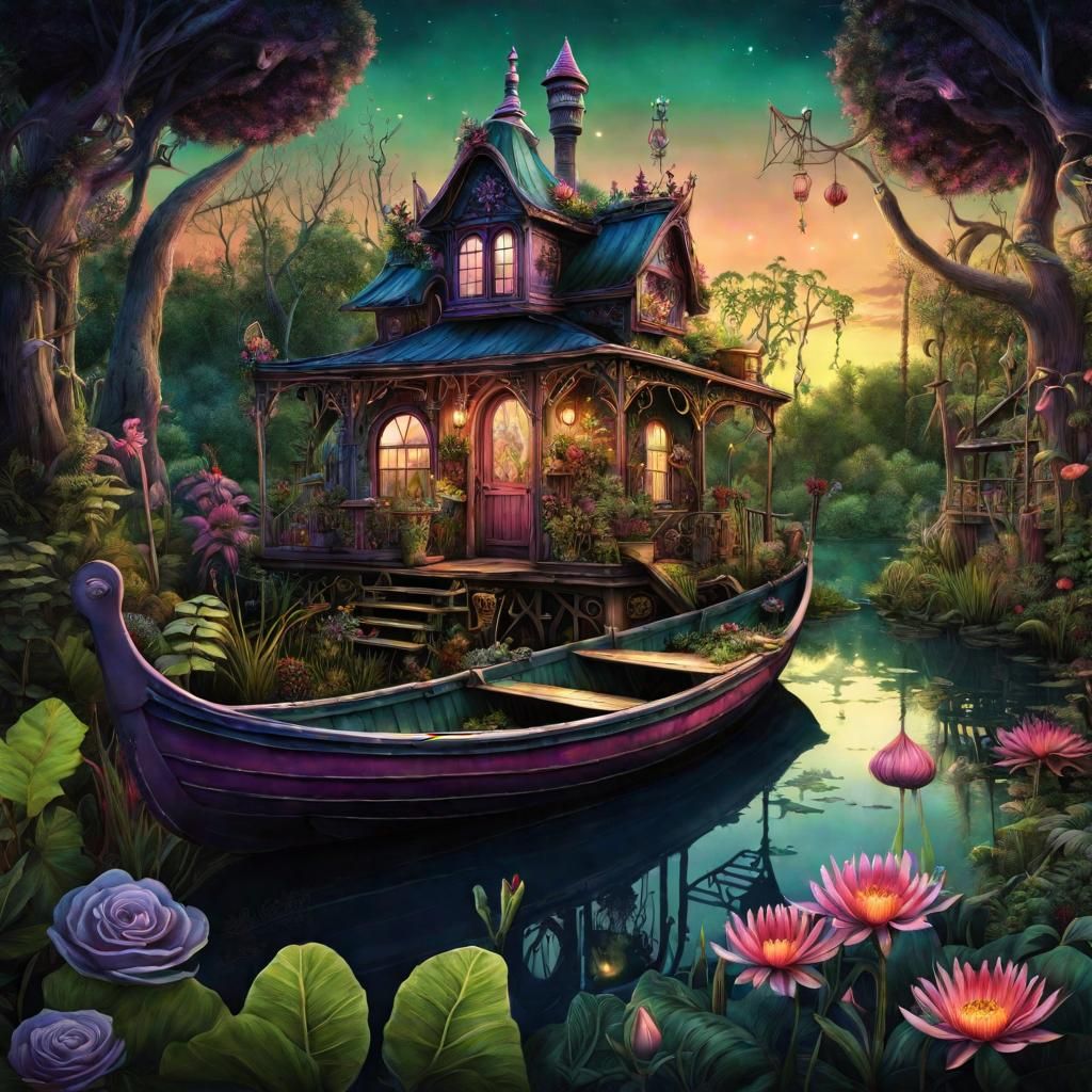 Lush Swamp: Botanical Illustration in Tim Burton Style
