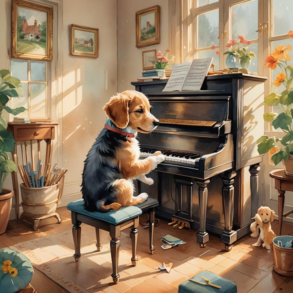 Puppy's Piano Dream: A Whimsical Digital Illustration