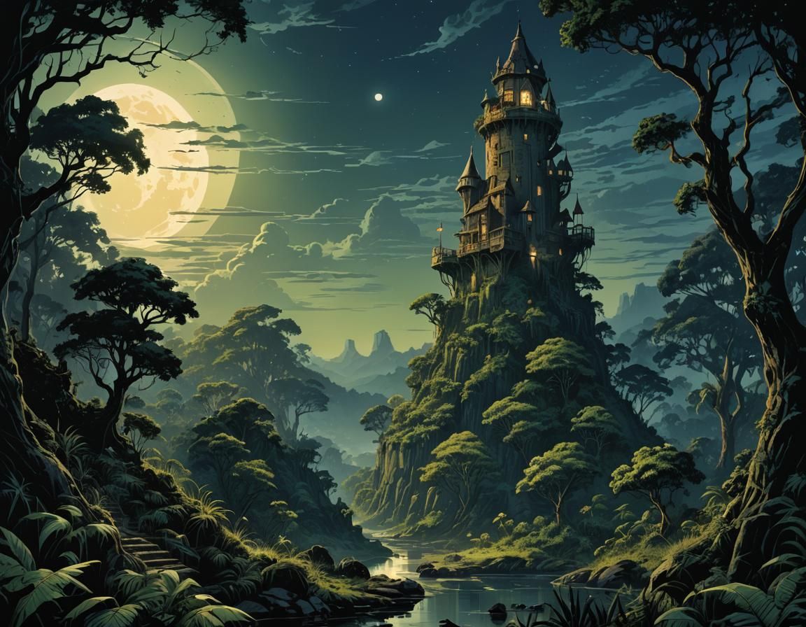 Jungle Witch Tower at Night: Cinematic Comic Art