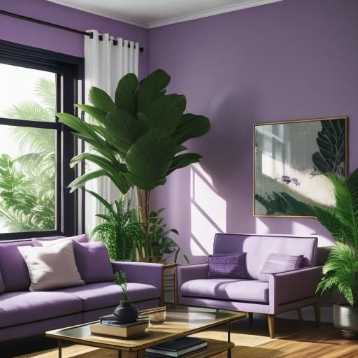 Light Purple Living Room with Plants in Sharp Focus