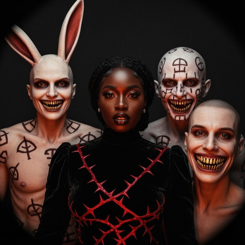 Black Woman with Thorn Motifs in Eerie Gathering