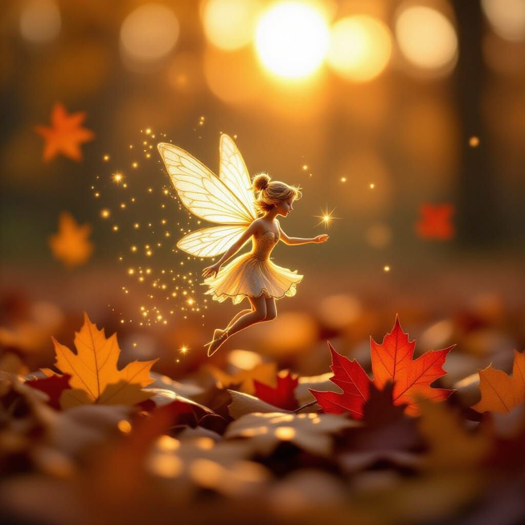 Glowing Fairy in Autumn Forest Macro Photography