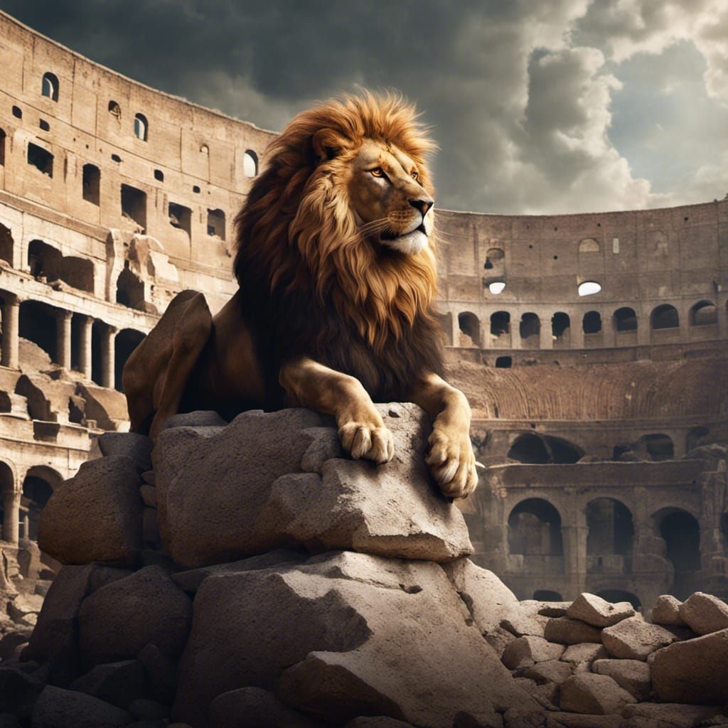 Depict a regal lion perched atop crumbling stones in the Colosseum, its mane blowing in the wind, as nature reclaims the...