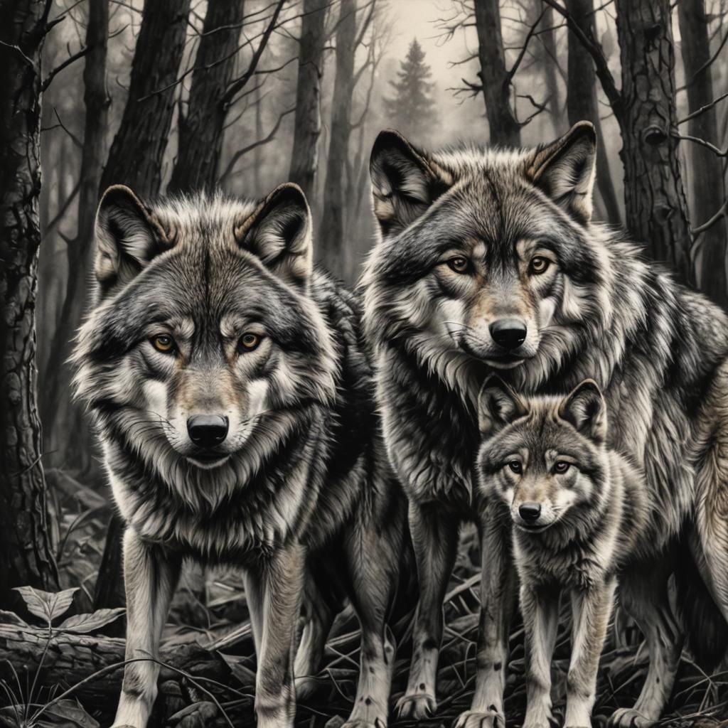 Hyperdetailed Charcoal Drawing of Wolves