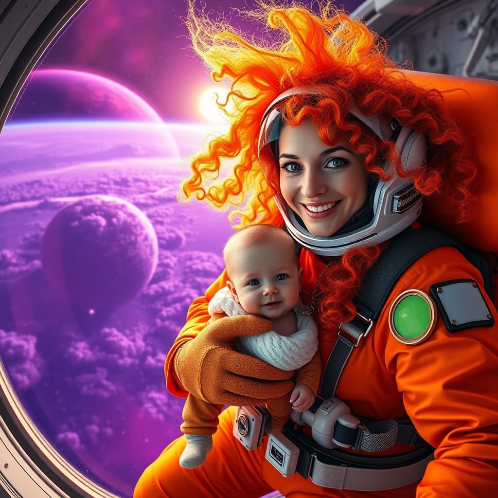 Astronauts in Shimmering Orange Suits Float Near Purple Haze...