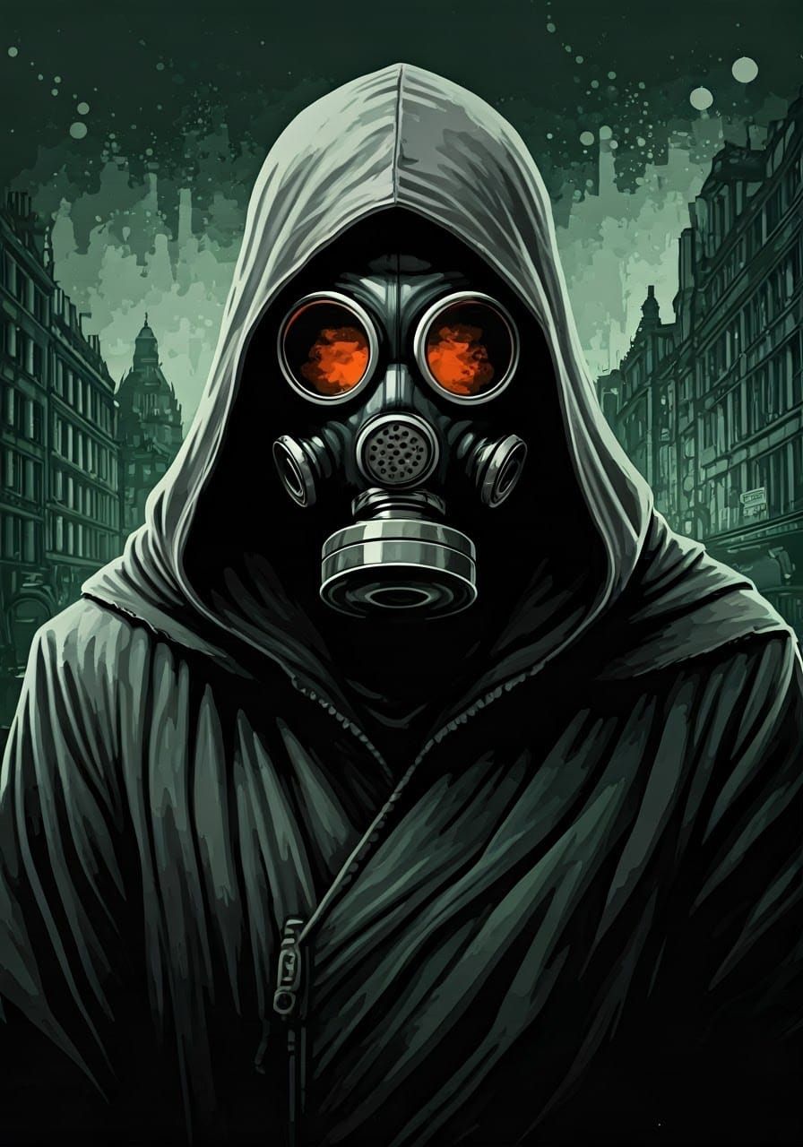 Gas Mask Figure in Dystopian London Artwork