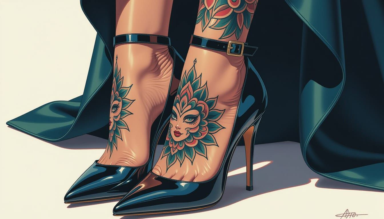 Goddess's Tattooed Feet in Designer High Heels
