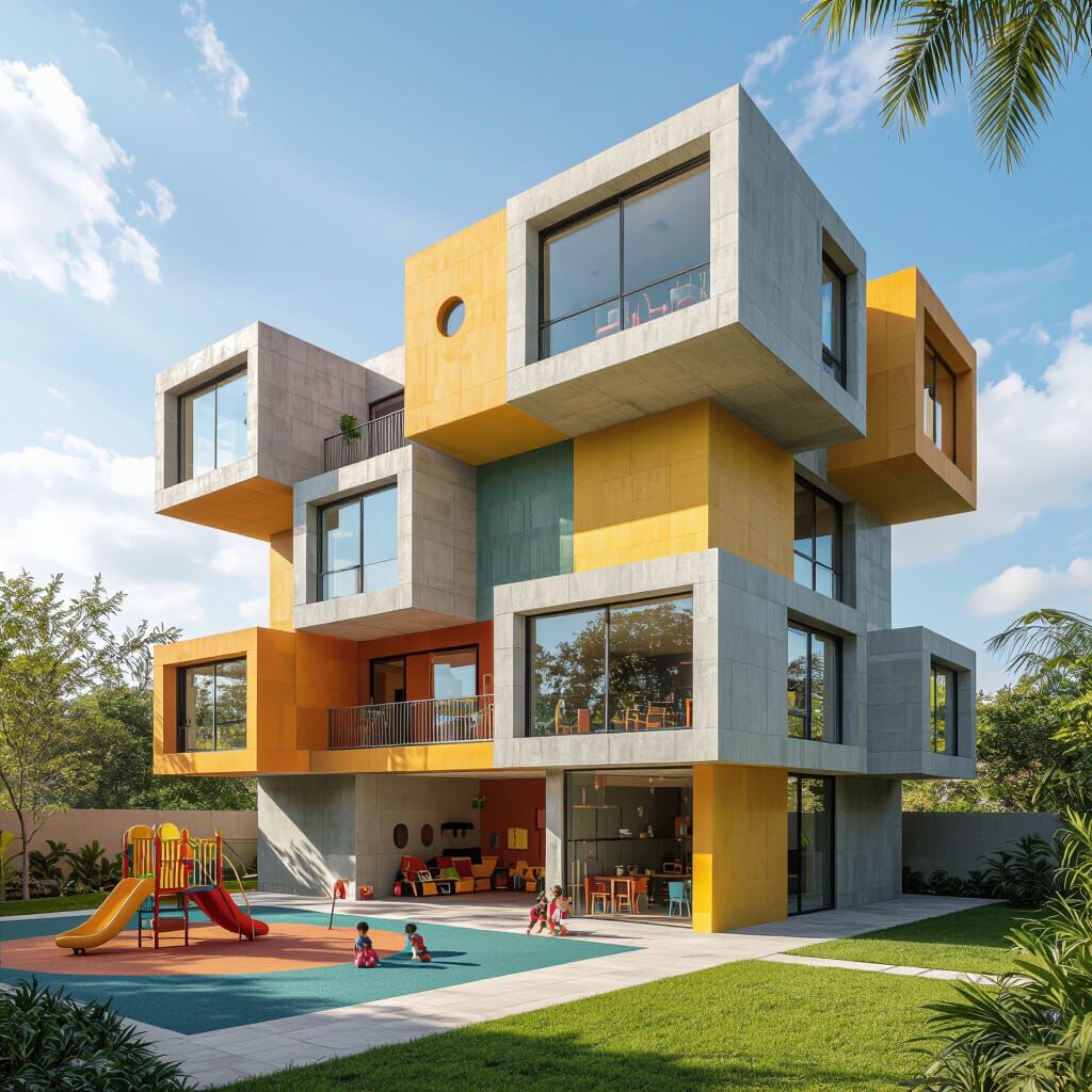 Futuristic Multi-Story Building with Play Area