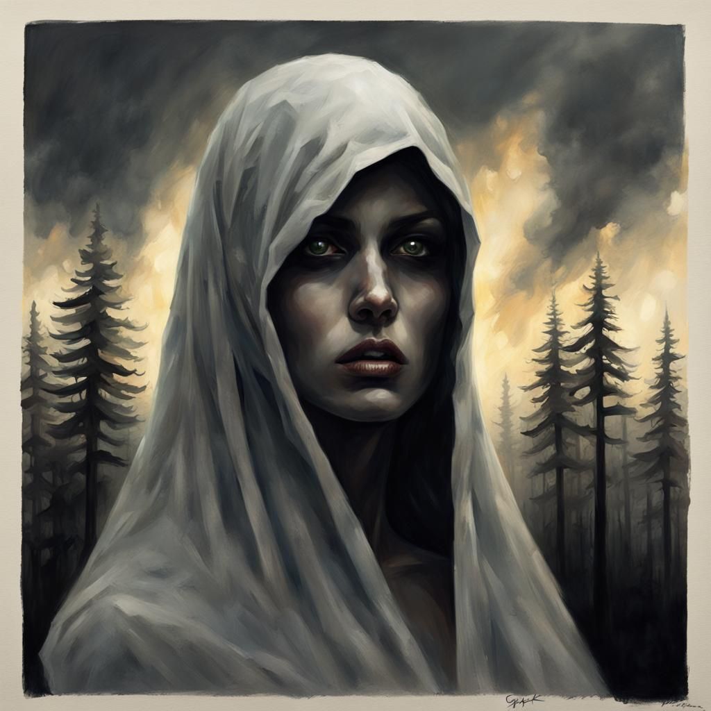 Veiled Figures Beckoning in Stormy Fantasy Art