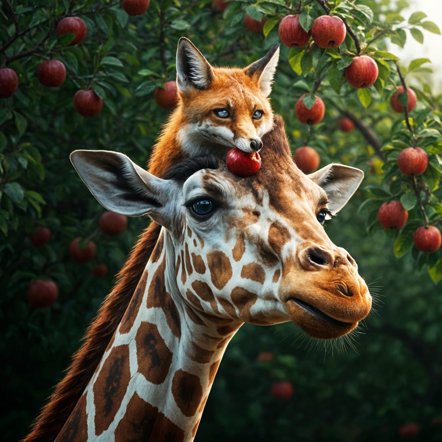 Giraffe and Fox Sharing Apples