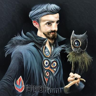 Arcane Trickster and Owl in Gouache Style