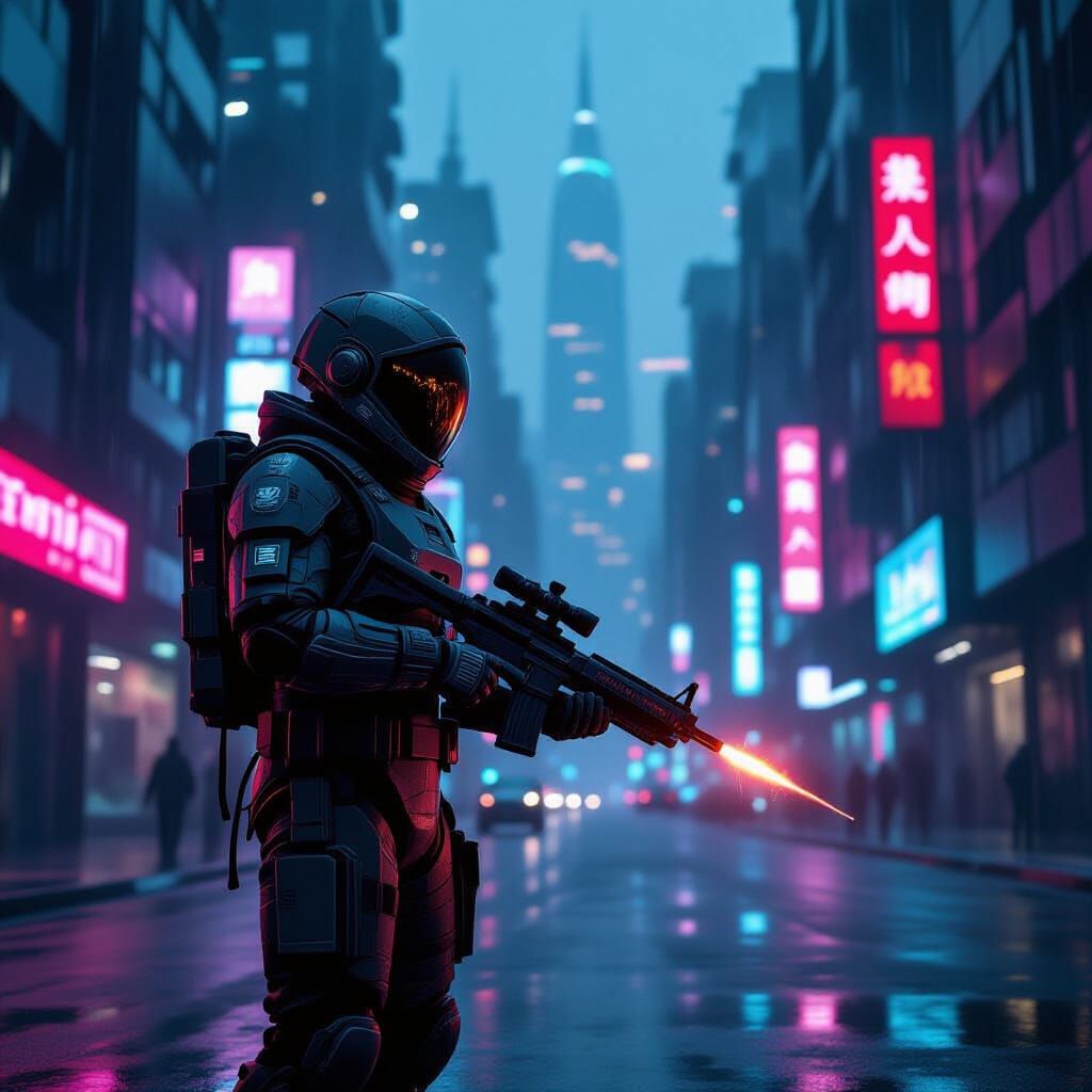Astronaut on Neon Cyberpunk Street