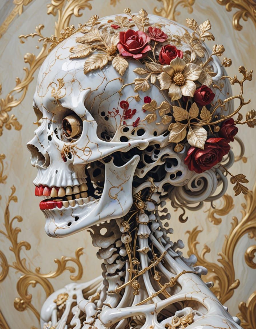 Regal Skeleton in Baroque Oil Painting