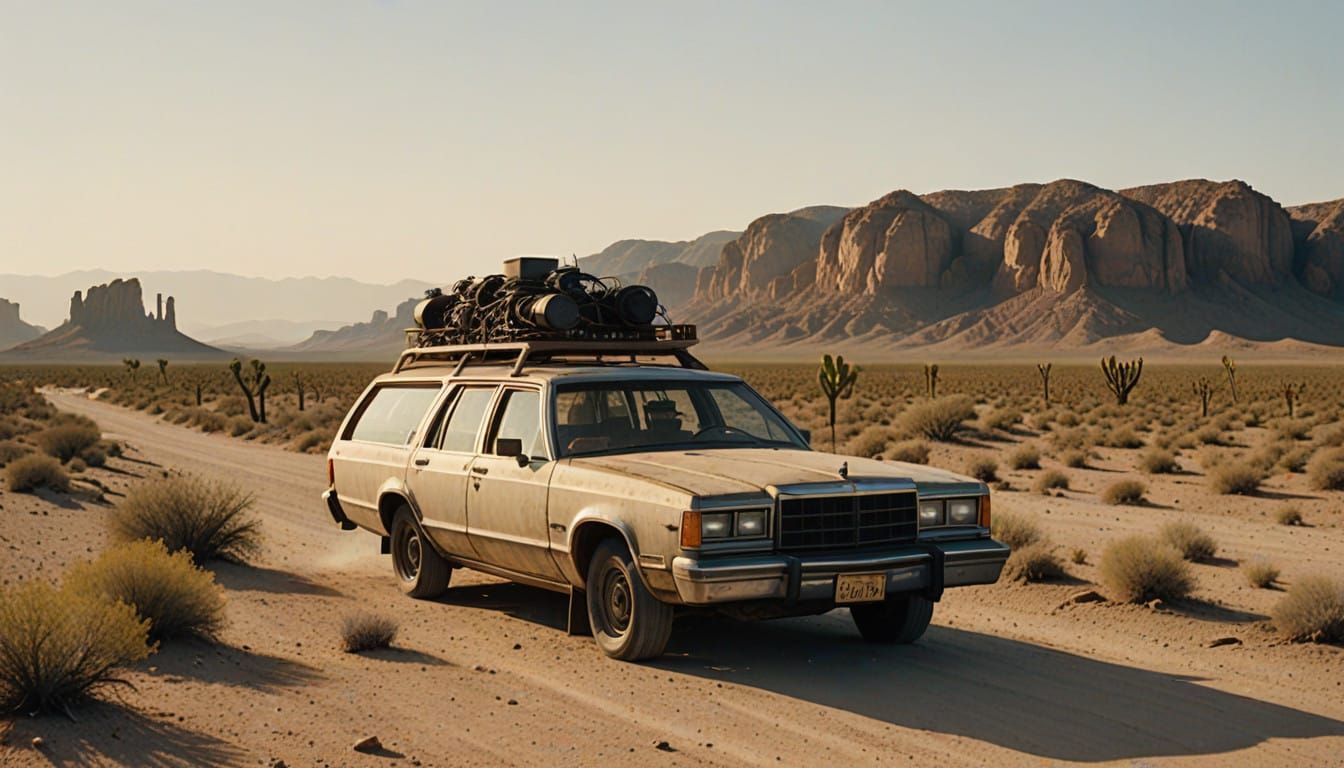 Abandoned Family Wagon on Desert Highway