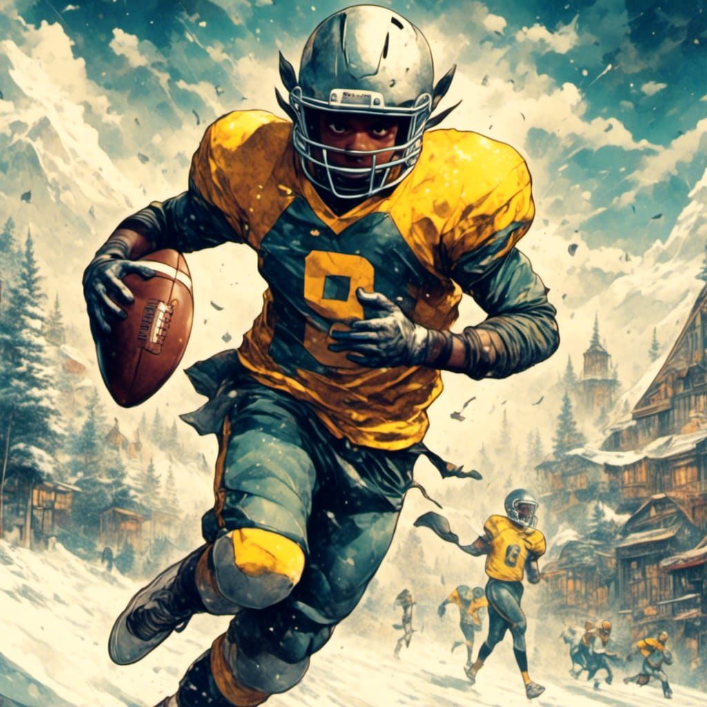 Vintage Gothic Boy Running with Football in Snow