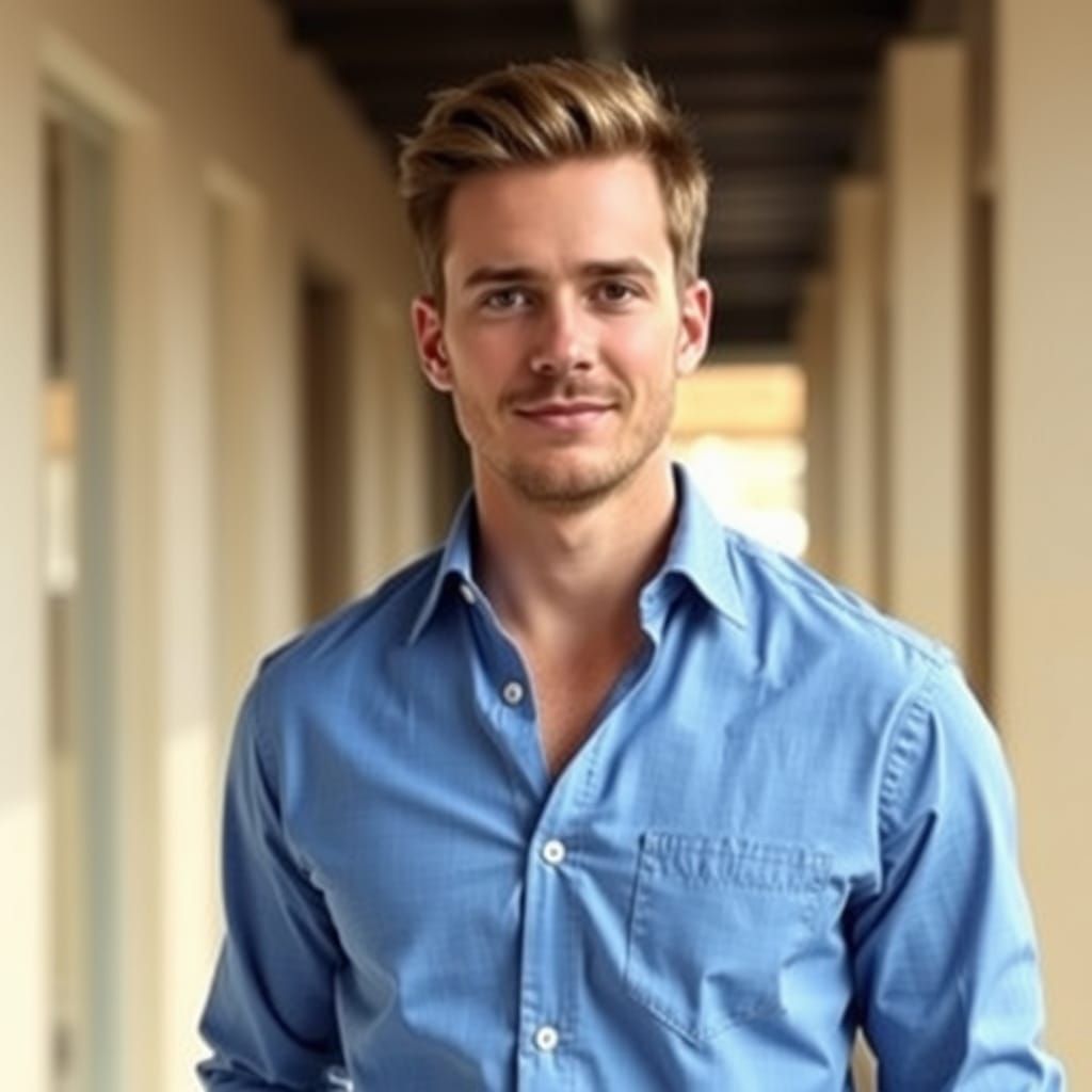 Man Exuding Masculine Elegance in Navy Dress Shirt
