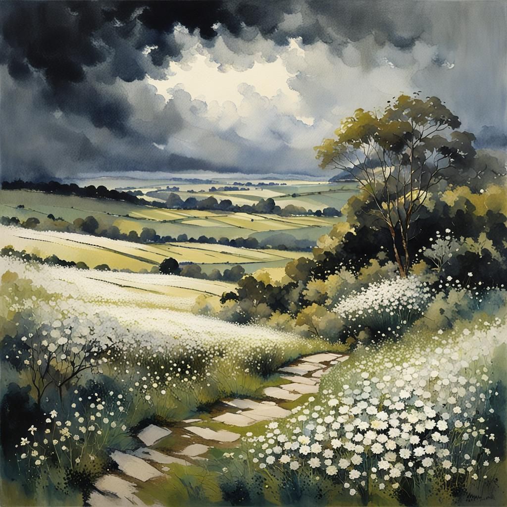 Floral Landscape with Storm Clouds in Watercolor Style