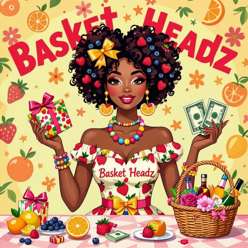 Cartoon Woman with Fruit Afro Puffs and Gifts