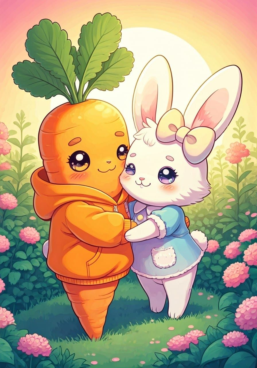 Kawaii Carrot and Rabbit Tender Hug in Garden