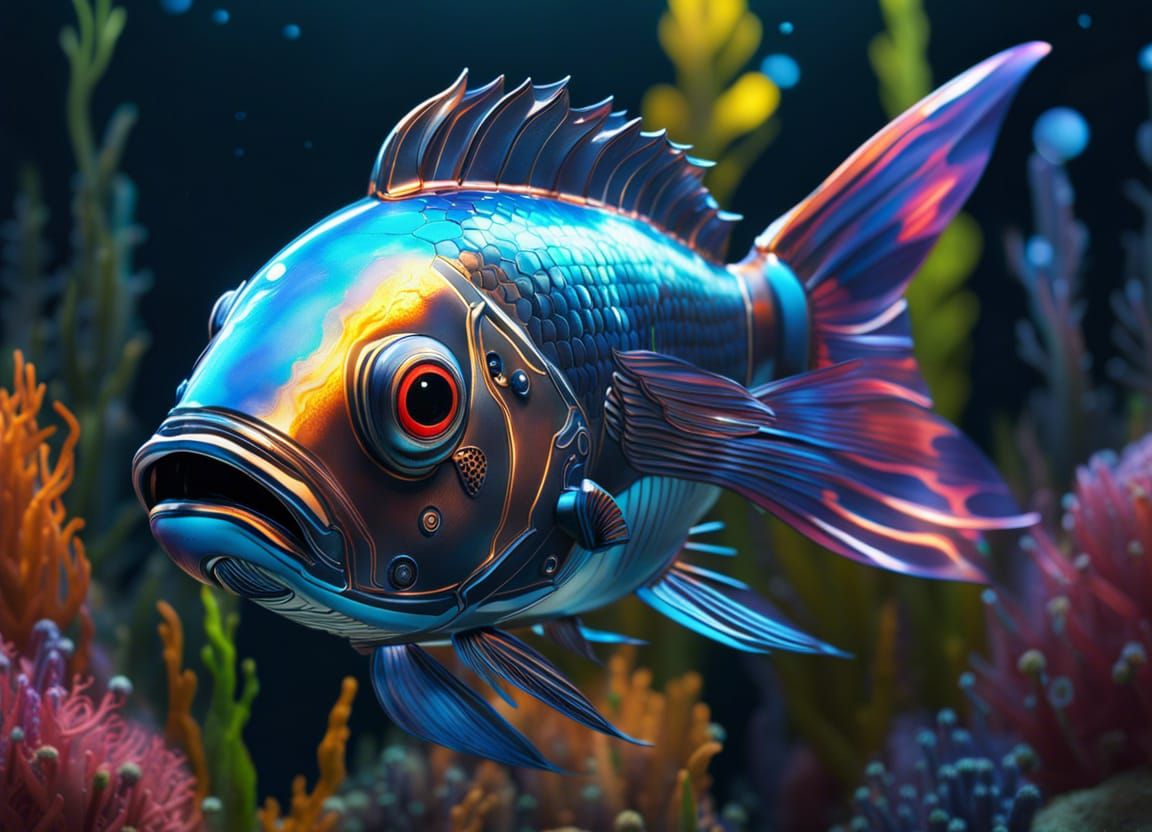 Hyperrealistic Robot Fish in Colorful Aquarium