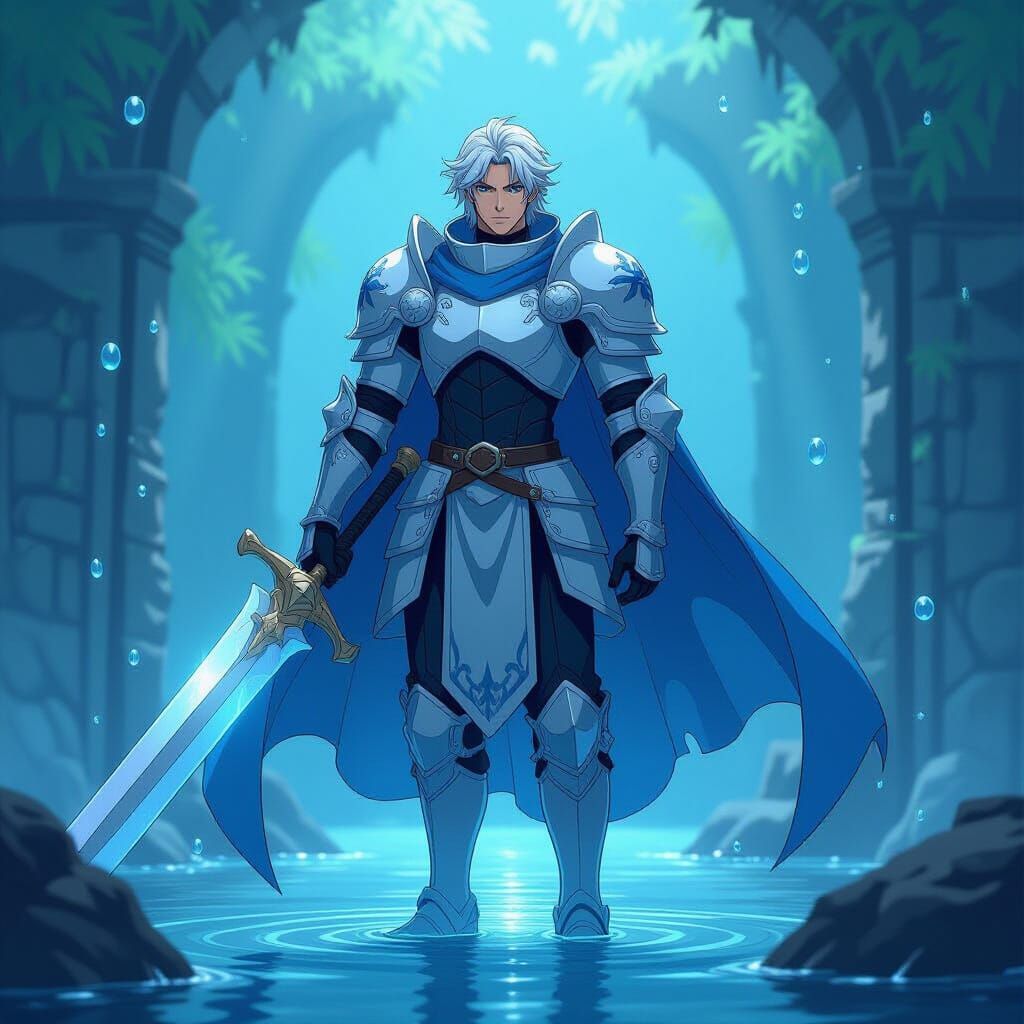 Tall Male Anime Water Knight in Cinematic Style