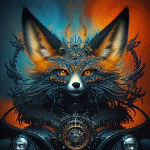 Surreal Fox Person Works on Car with Clockwork Details
