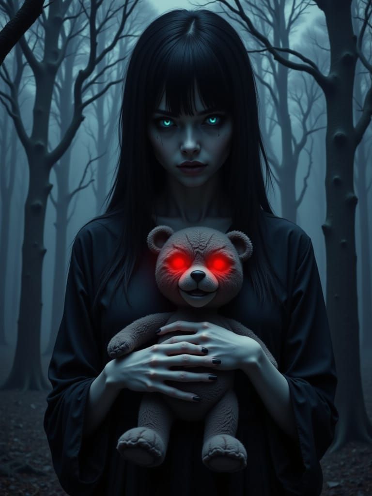 Gothic Woman Holding Sinister Teddy Bear