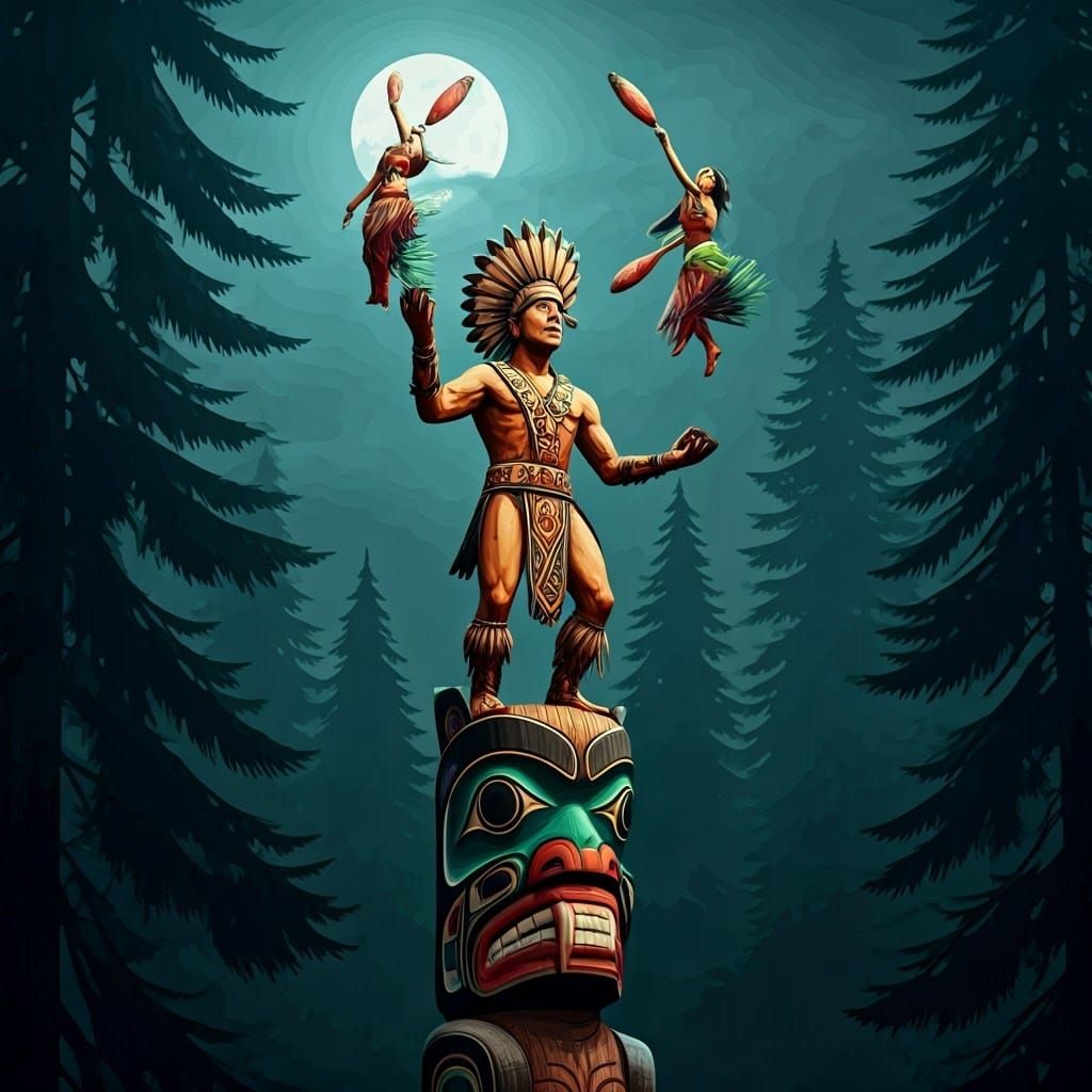 Colossal Juggler on Totem Pole in Northwest Coast Style
