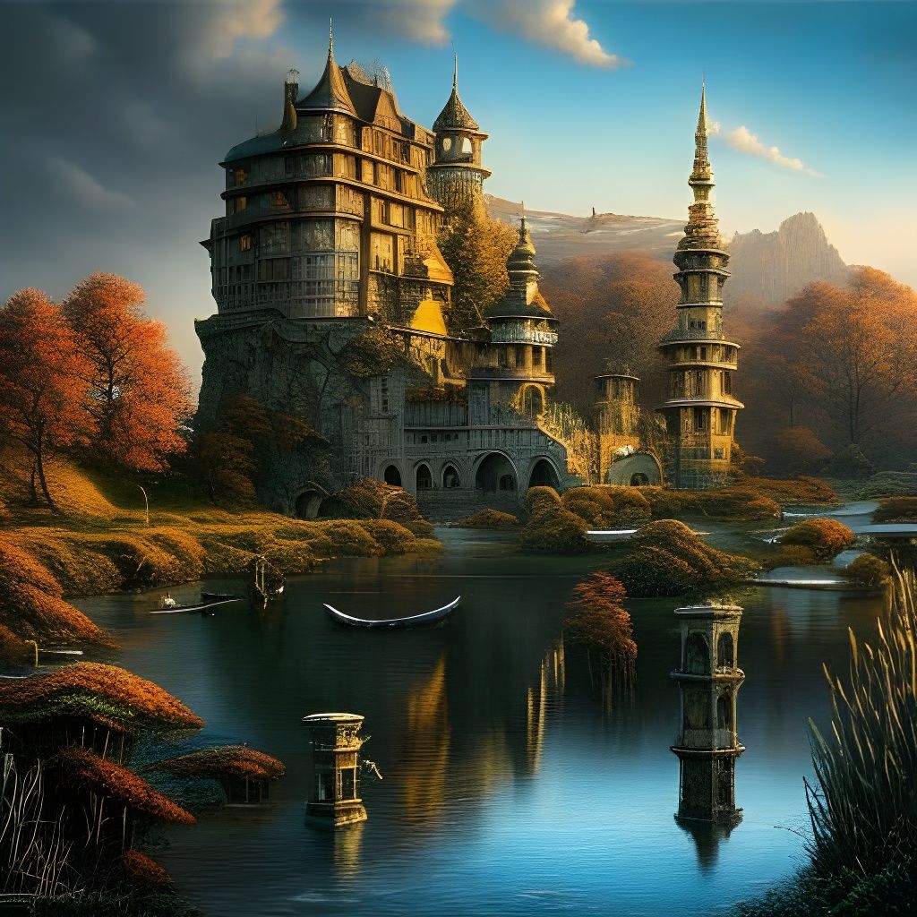 Intricate Castle Drawing in Hyperdetailed Landscape