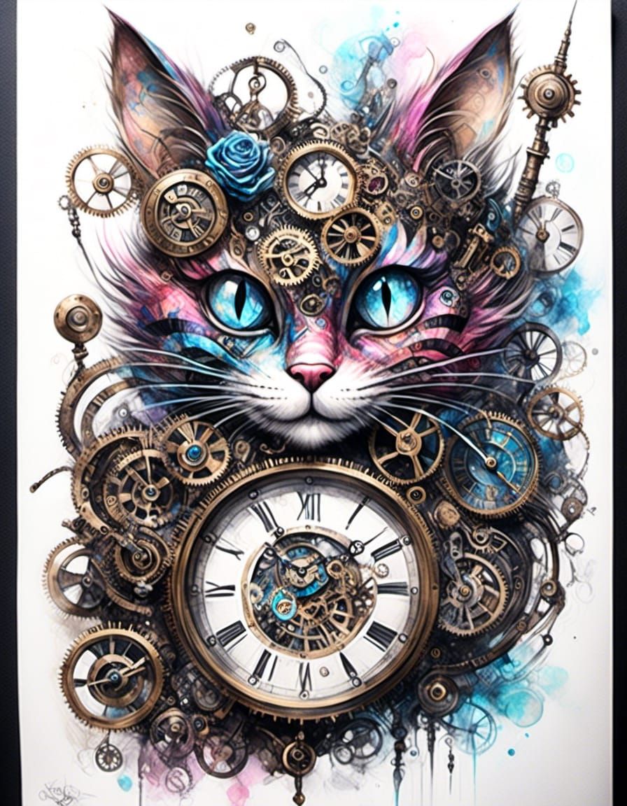Clockwork Cyborg Cheshire Cat in Clock Punk Style
