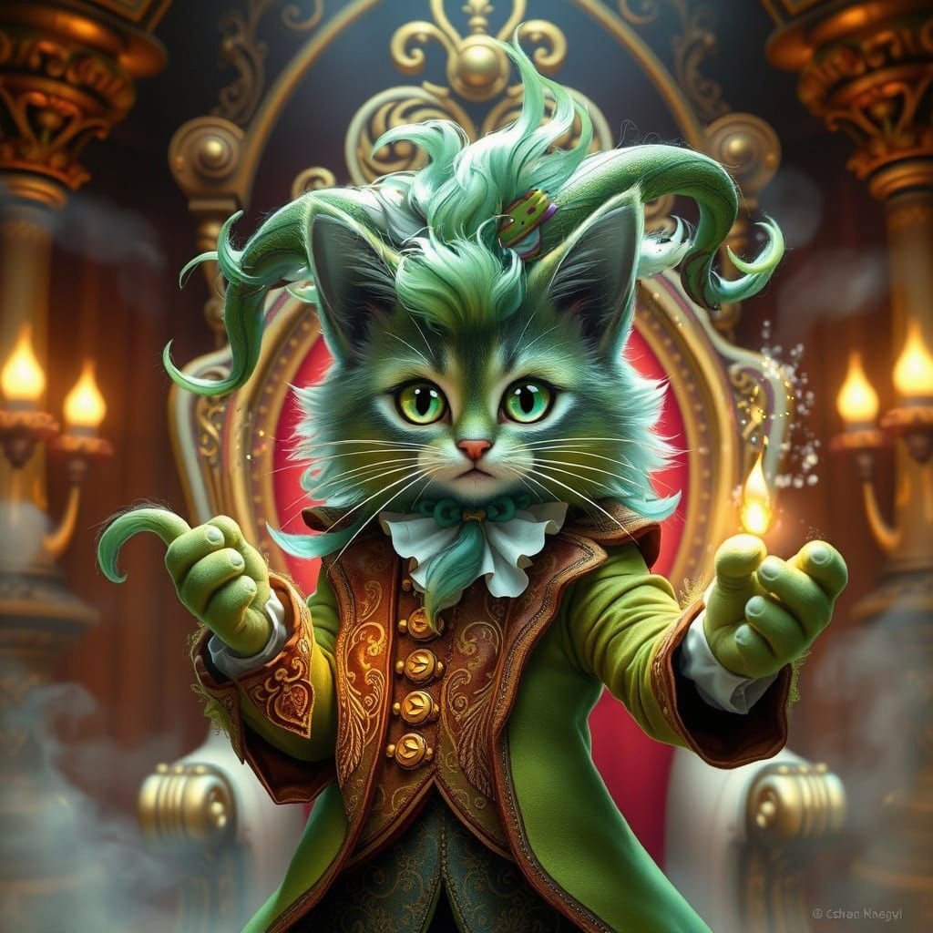 Mystical Lime Green Jester Performs Magic in Enchanted Thron...