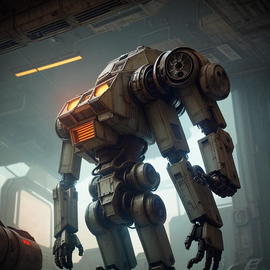 A mecha droid with dents and scuff marks and rust all over i...