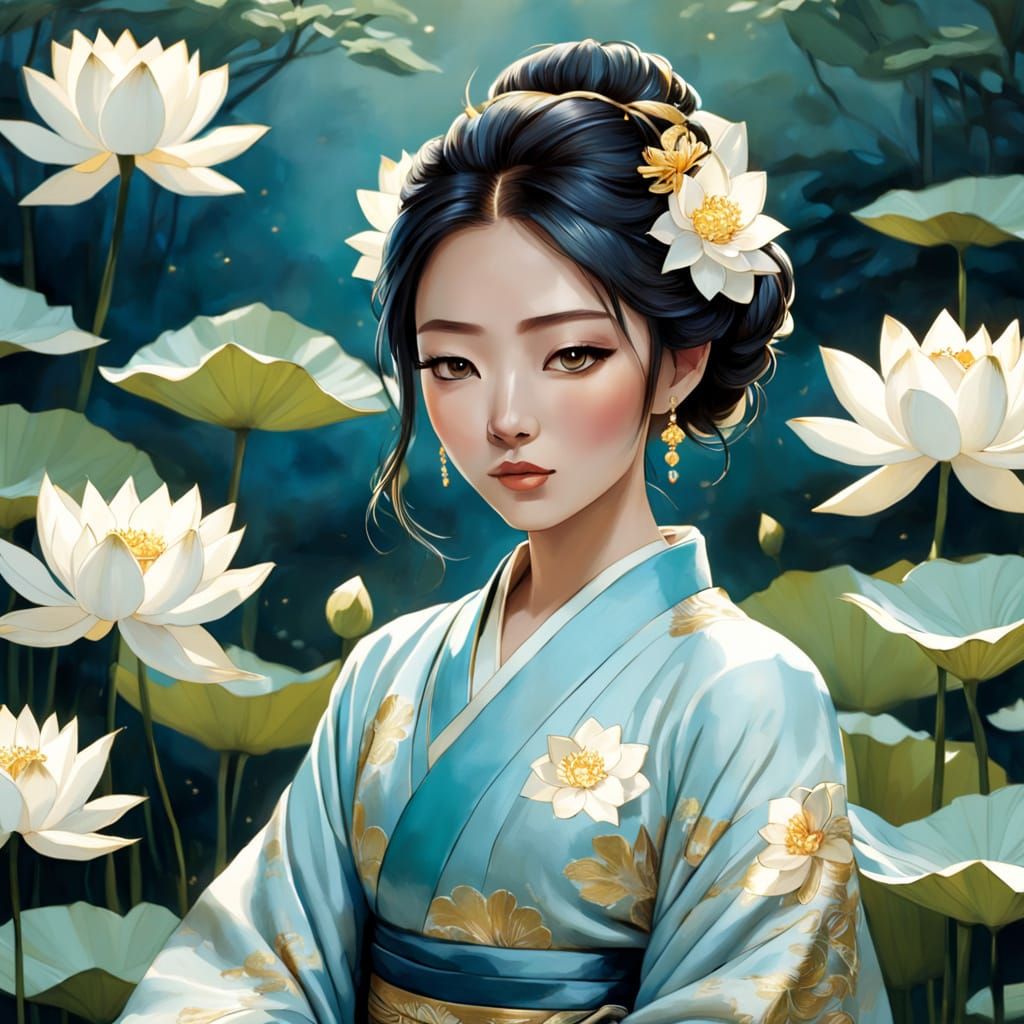 Serene Asian Goddess in Whimsical Lotus Garden