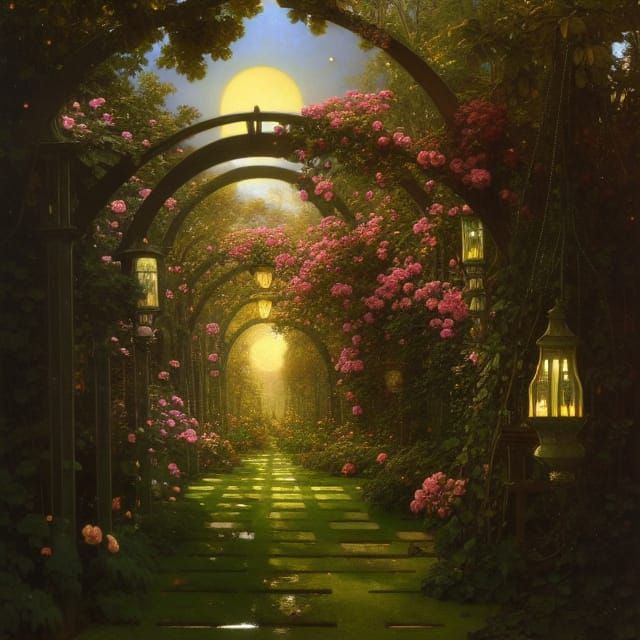 Exquisite Garden With Trellis and Lanterns