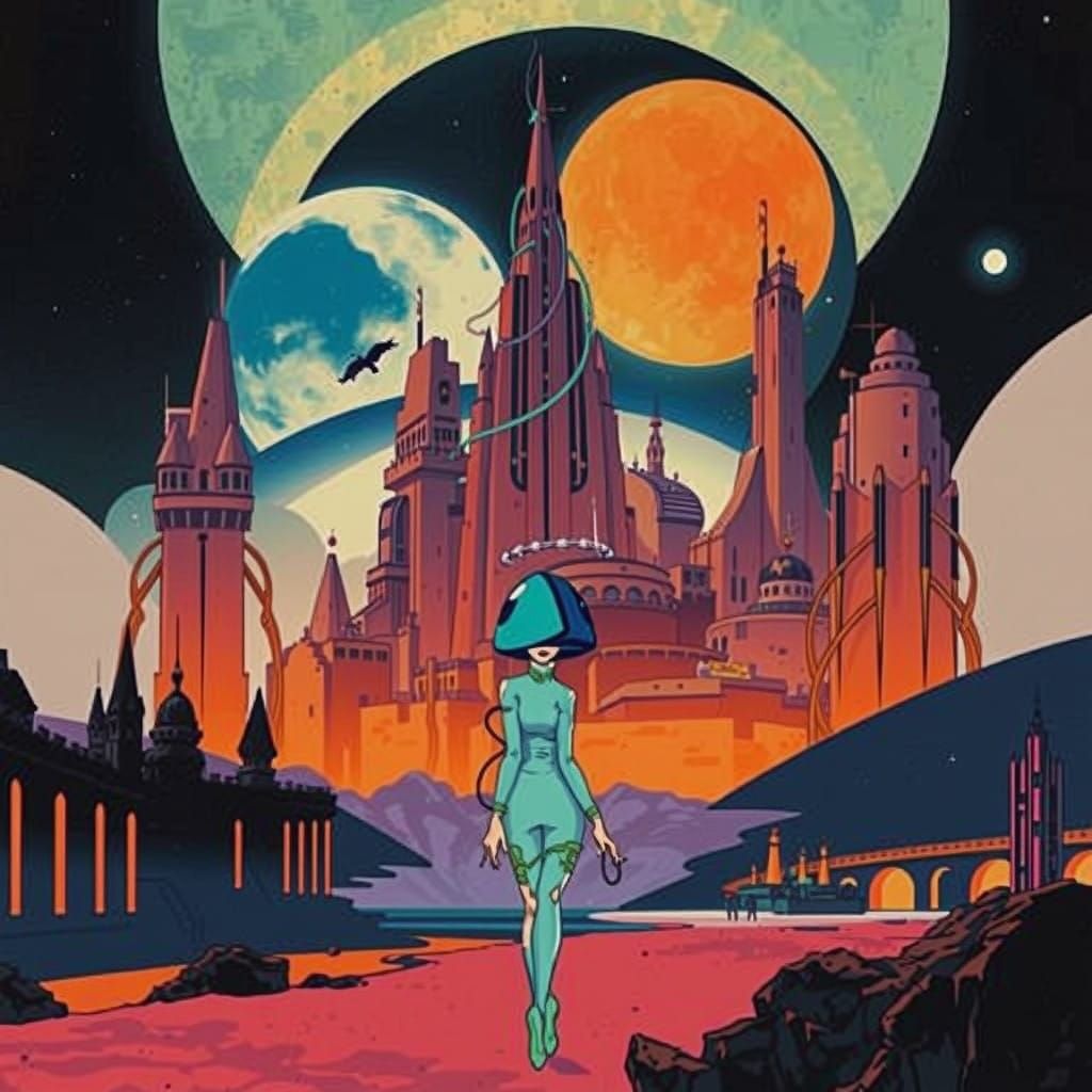 Retro-Futuristic Lunar Cityscape in Vibrant Pulp Art