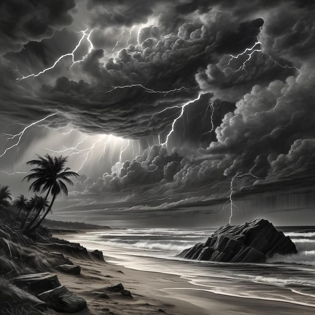Dramatic Lightning Storm Beach in Surrealist Cubism Style