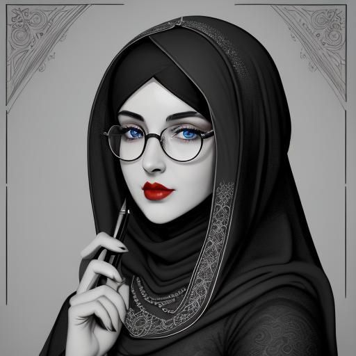 Elegant Woman in Burqa: Pen and Ink Line Art