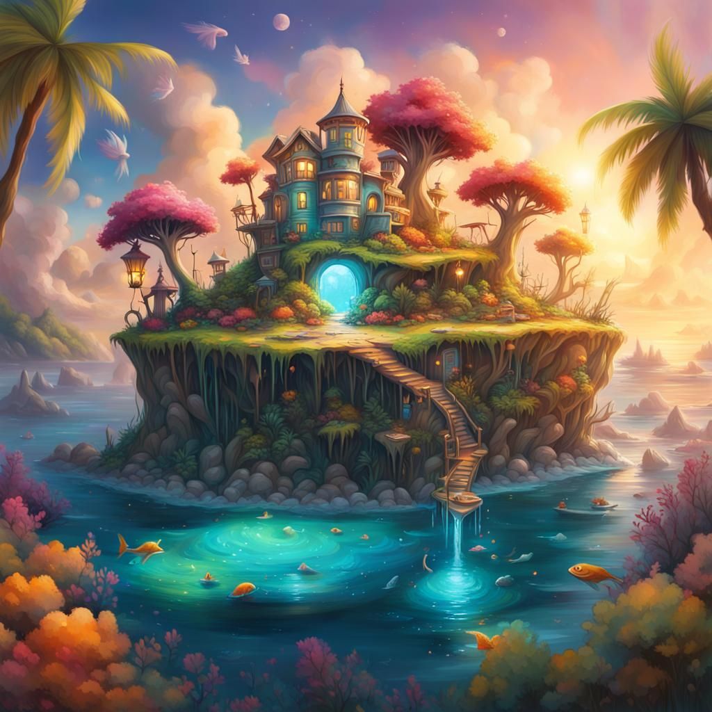 Magical Island Oasis with Flying Fairies, Graffiti Art