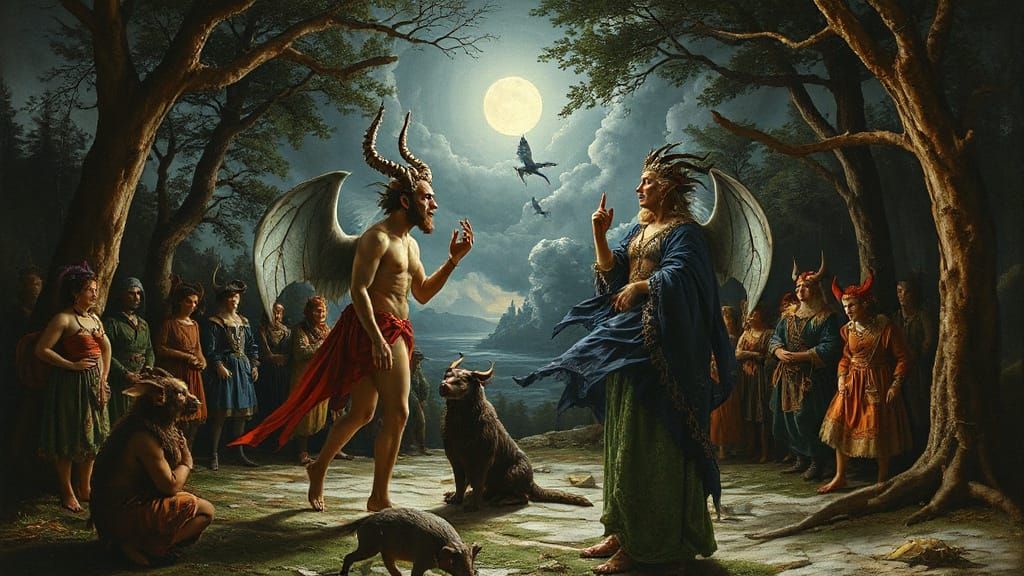Oberon and Titania Argue in Moonlit Forest