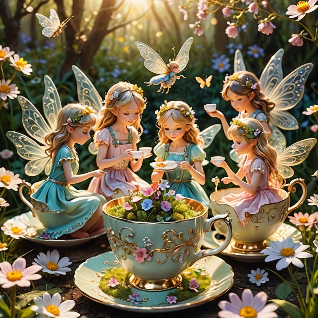 Fairies Tend Teacup Garden in Whimsical Illustration